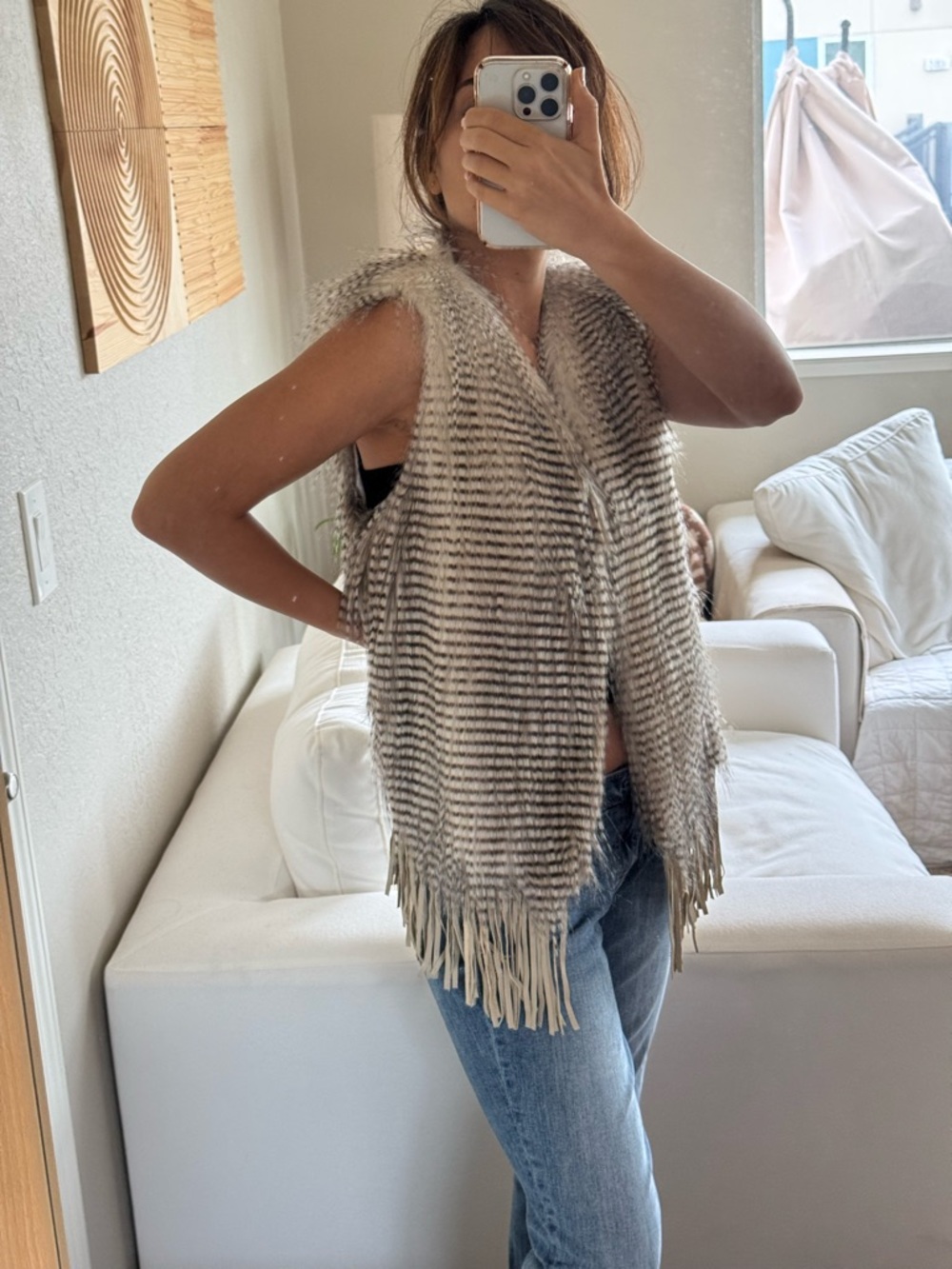 NWOT Striped Faux Fur Fringe Vest in Neutral Tones
